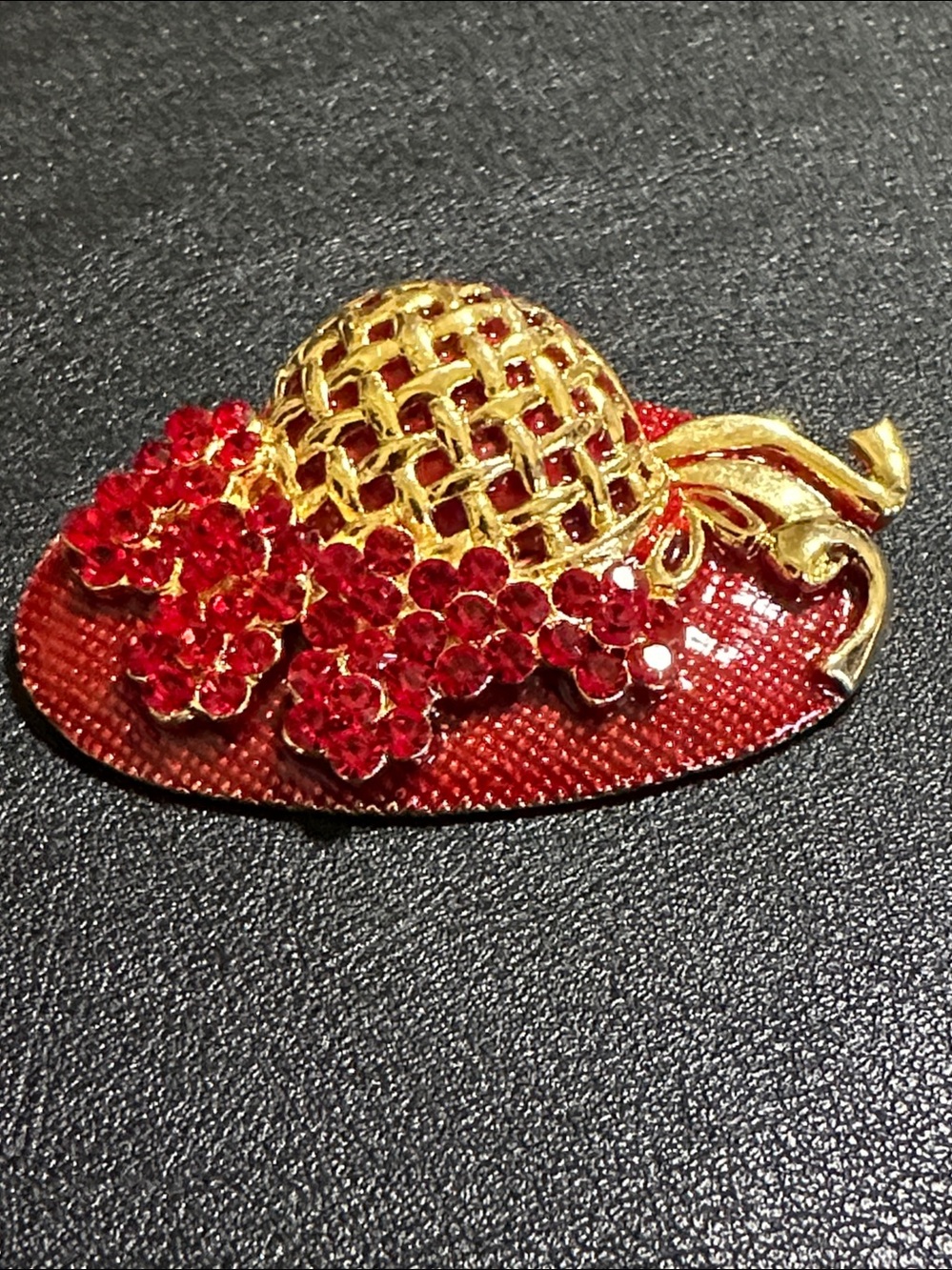 Vintage Red Hat Rhinestones & Red Enamel Gold Tone Brooch